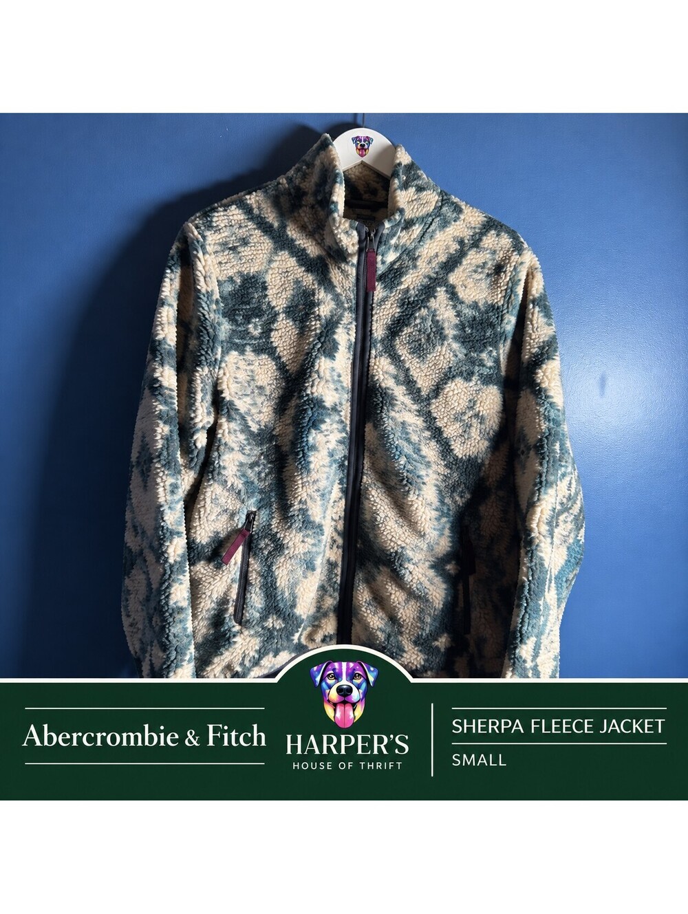 Abercrombie & Fitch Pattern Sherpa Jacket Green/Tan Ikat Print Mens Small